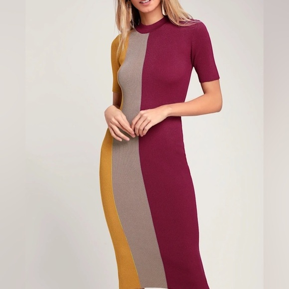 Lulus Dianna Magenta Colorblock Bodycon Midi Dress Short Sleeve Small - Picture 2 of 9